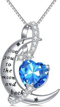 wholesale 925 Sterling Silver Birthstone Love You to the Moon Heart Necklace-03-March-Aquamarine