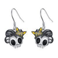 wholesale 925 Sterling Silver Skull Cat Halloween Dangle Drop Earrings for Women Girls Gothic Punk Style Gift Idea-Cat