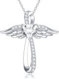 wholesale 925 Sterling Silver & 14k Gold Plated Angel Wing Cross Pendant with Moissanite Cubic Zirconias - 30mm x 67mm (Silver)-0-0