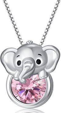 wholesale 925 Sterling Silver Birthstone Elephant Pendant Necklace for Women-October - Pink Tourmaline
