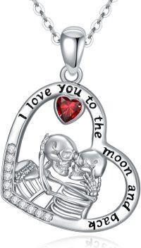 wholesale 925 Sterling Silver Heart Skull Pendant Necklace with Red Crystal and Engraved Message I Love You to the Moon - Gothic Halloween Jewelry for Women-Skeleton