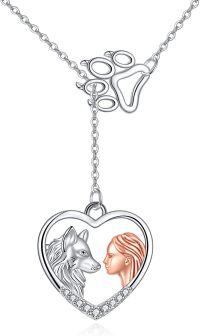 wholesale 925 Sterling Silver Heart Wolf & Girl Face Lariat Necklace for Women Teens Girls -Wolf and girl y-necklace