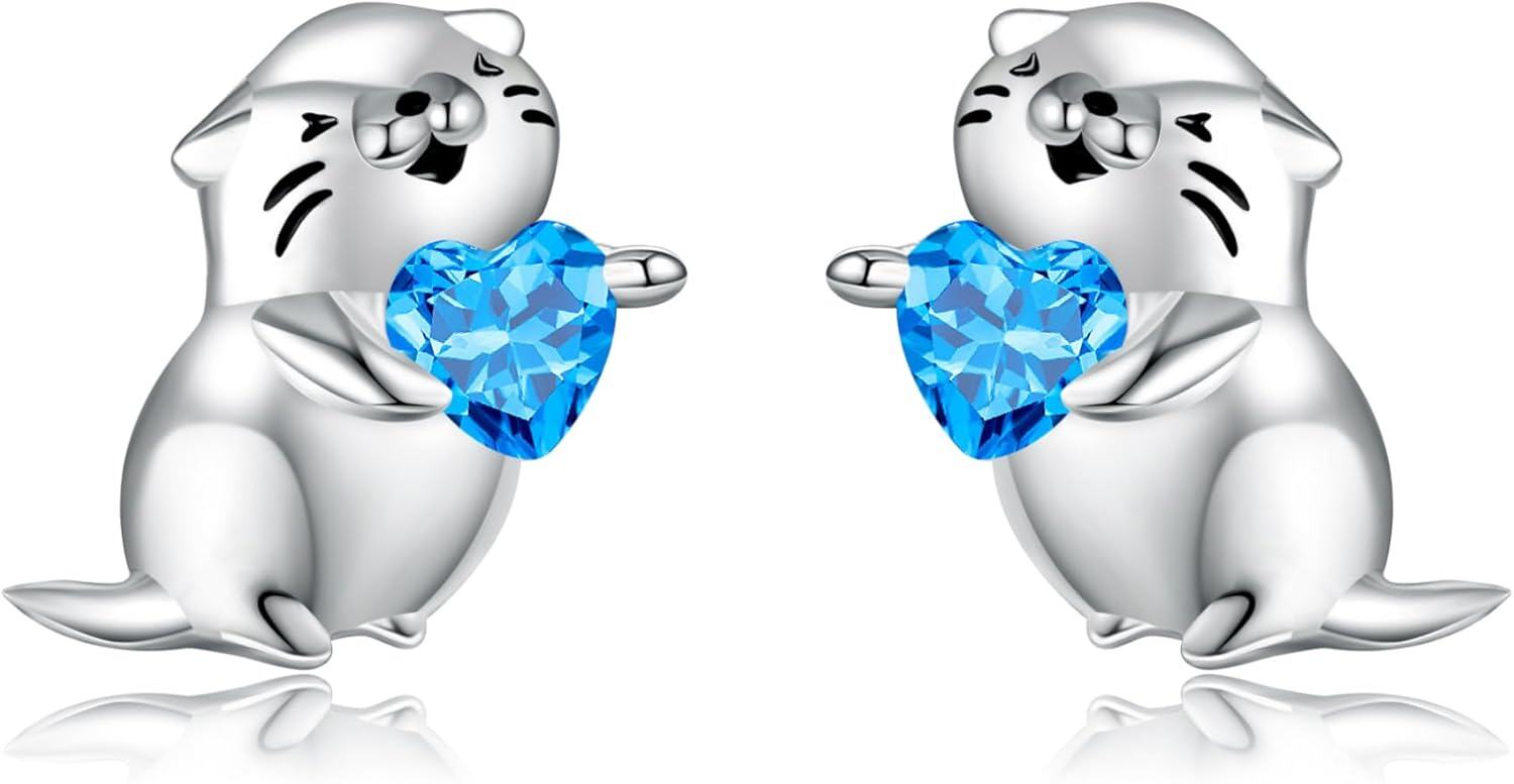 925 Sterling Silver Otter Heart Blue Crystal Stud Earrings for Women-0-0