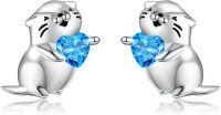 wholesale 925 Sterling Silver Otter Heart Blue Crystal Stud Earrings for Women-Otter