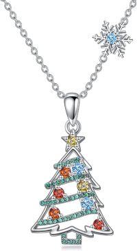 wholesale 925 Sterling Silver Multicolor Crystal Christmas Tree & Snowflake Pendant Necklace-Christmas Tree-2