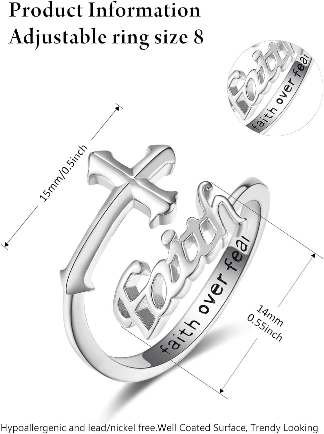 Sterling Silver Faith Cross Ring for Women Christian Crucifix Jewelry-0-2