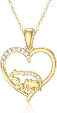 wholesale 14K Gold Bear & Cub in Heart Shape with CZs Mother Daughter Mom Gift Necklaces for Women Girls-Style 1