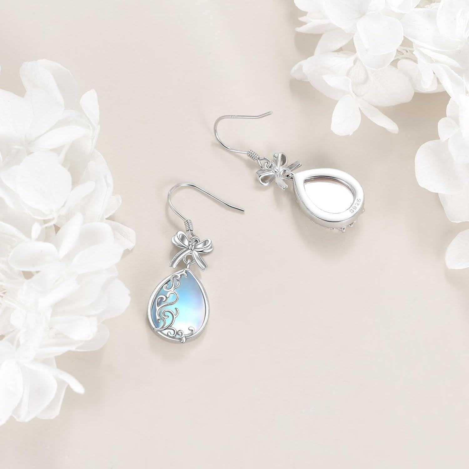 wholesale 925 Sterling Silver Rainbow Moonstone Bowknot Drop Dangle Lever Back Earrings-0-4