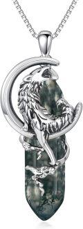 wholesale 925 Sterling Silver & Natural Moss Agate Wolf Necklace – Unique Dendritic Stone, Guardian Crystal for Luck & Happiness, 18+2 Chain-0-0