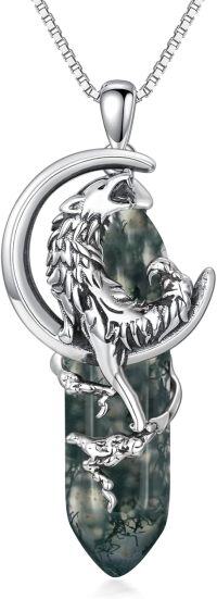wholesale 925 Sterling Silver & Natural Moss Agate Wolf Necklace – Unique Dendritic Stone, Guardian Crystal for Luck & Happiness, 18+2 Chain-Moss Agate