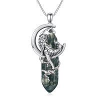 wholesale 925 Sterling Silver & Natural Moss Agate Wolf Necklace – Unique Dendritic Stone, Guardian Crystal for Luck & Happiness, 18+2 Chain-Moss Agate