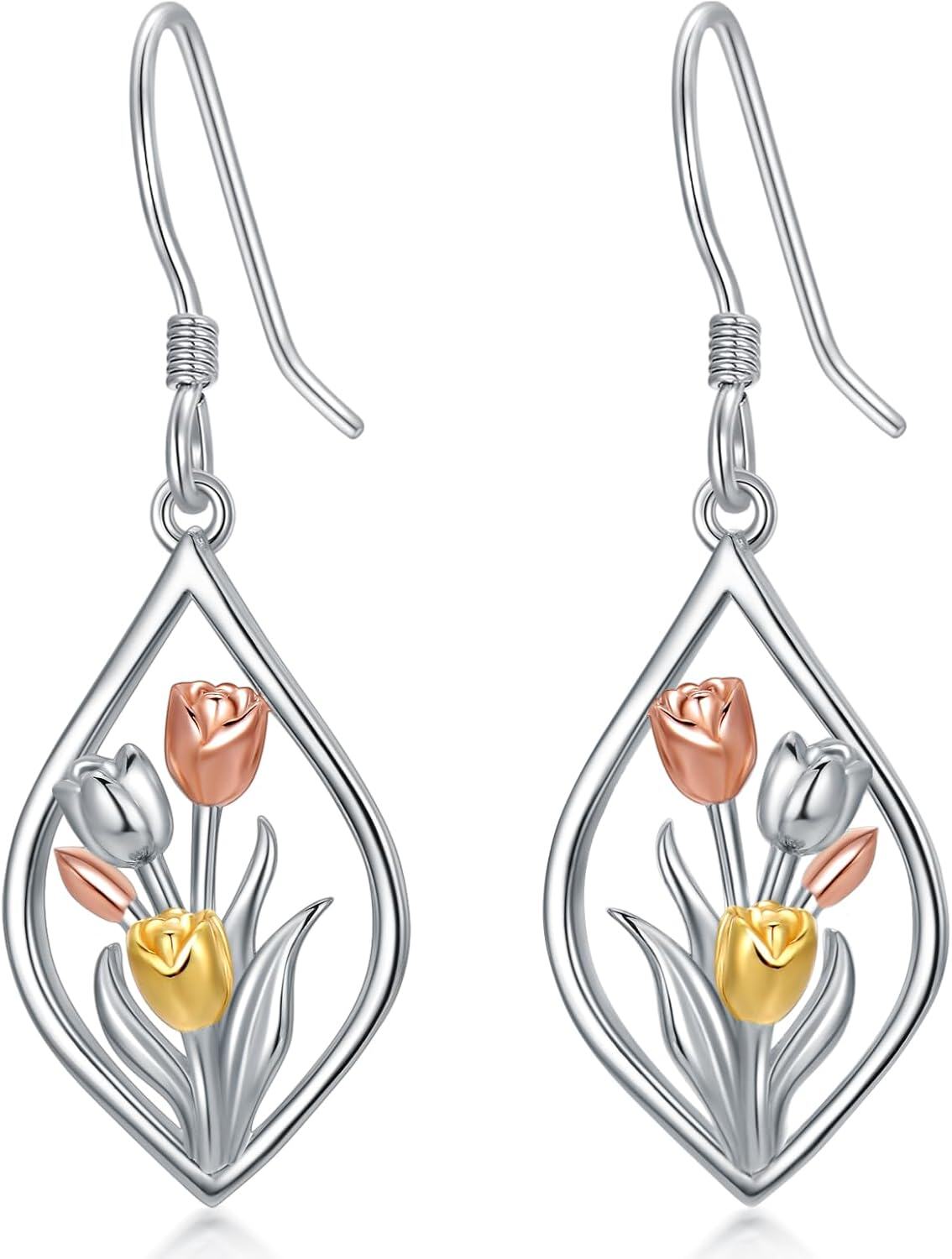 Sterling Silver Snowflake Daisies Sunflower Comedy Tragedy Mask Opera Mask Hummingbird Black Cat Dangle Earrings for Women-Tulip