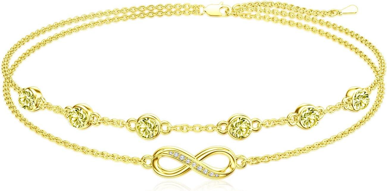 Sterling Silver Birthstone Women s Anklet Bracelets Infinity Butterfly Evil Eye Turtle Pineapple Starfish Heart-Anklet 9"-11"-Infinity 08-Peridot-Yellow Gold