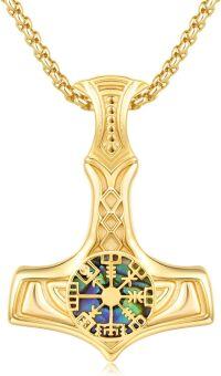 wholesale 925 Sterling Silver Viking Vegvisir Compass Mjolnir Pendant Necklace  for Men-Vegvisir (Gold Plated)