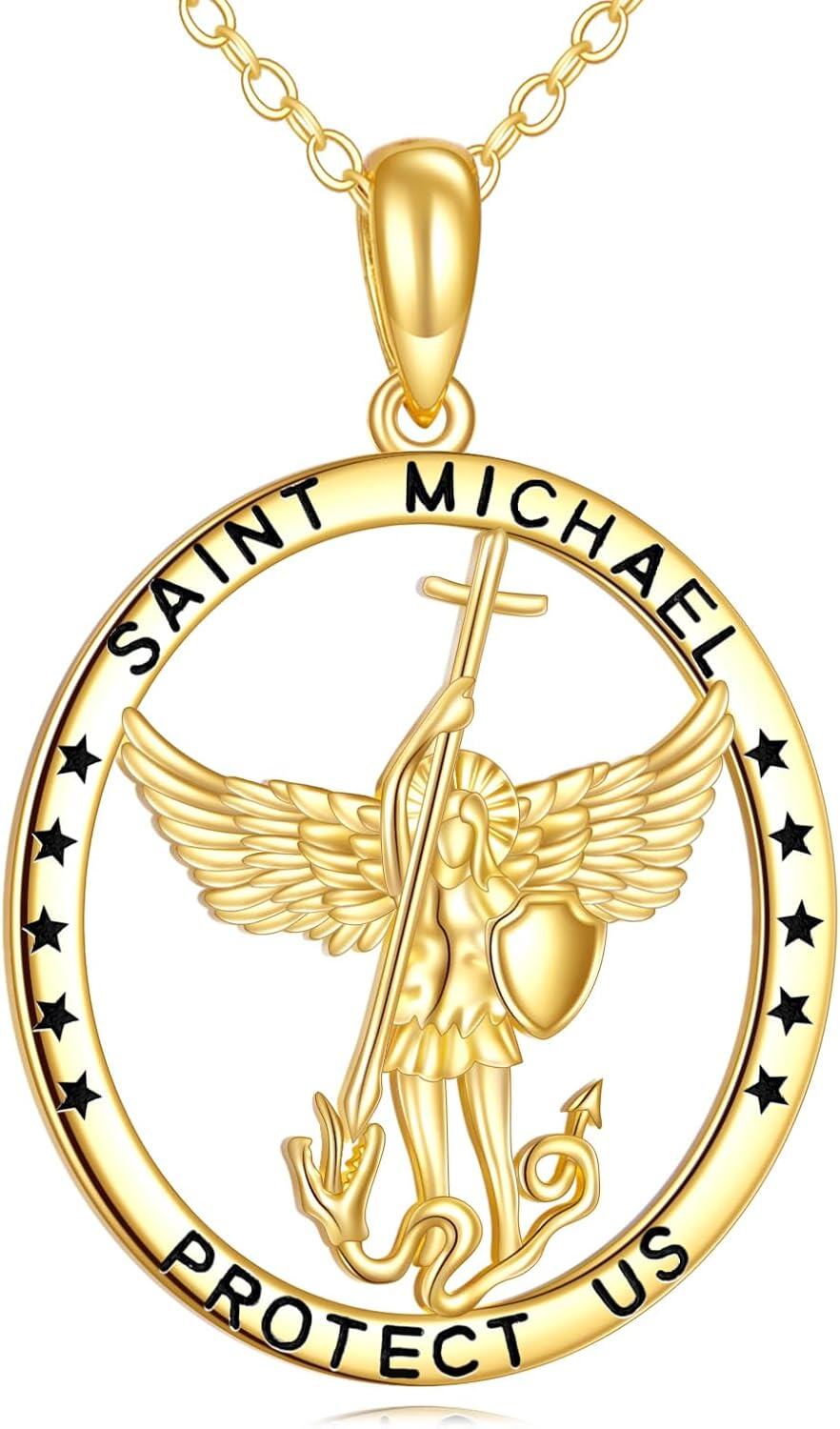  14K Gold St Michael Jesus Virgin Mary Pendant Religious Jewelry Gift -Gold-Saint Michael Necklace