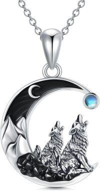 wholesale 925 Sterling Silver Moon & Wolves Necklace with Black Crystal and Blue Stone Pendant for Women Girls Gifts-Wolf-2