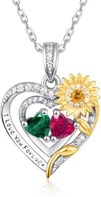 wholesale Sterling Silver 2 Birthstones Sunflower Heart Necklace for Women-05-07-May-Jul