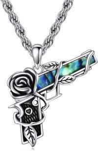 wholesale 925 Sterling Silver Rose & Gun Design Punk Style Pendant Necklaces with Abalone Shell Inlay for Women and Men-Flower