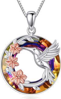 wholesale 925 Sterling Silver Rainbow Crystal Hummingbird Flower Pendant Necklace for Women-Hummingbird