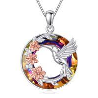 wholesale 925 Sterling Silver Rainbow Crystal Hummingbird Flower Pendant Necklace for Women-Hummingbird