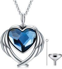 wholesale 925 Sterling Silver Blue Crystal Angel Wing Heart Cremation Jewelry Urn Necklace with Funnel and Fill Tool-C-Angel Wings Blue Heart