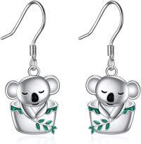 wholesale 925 Sterling Silver Koala Bear Green Enamel Drop Earrings for Women Girls Gifts-Koala