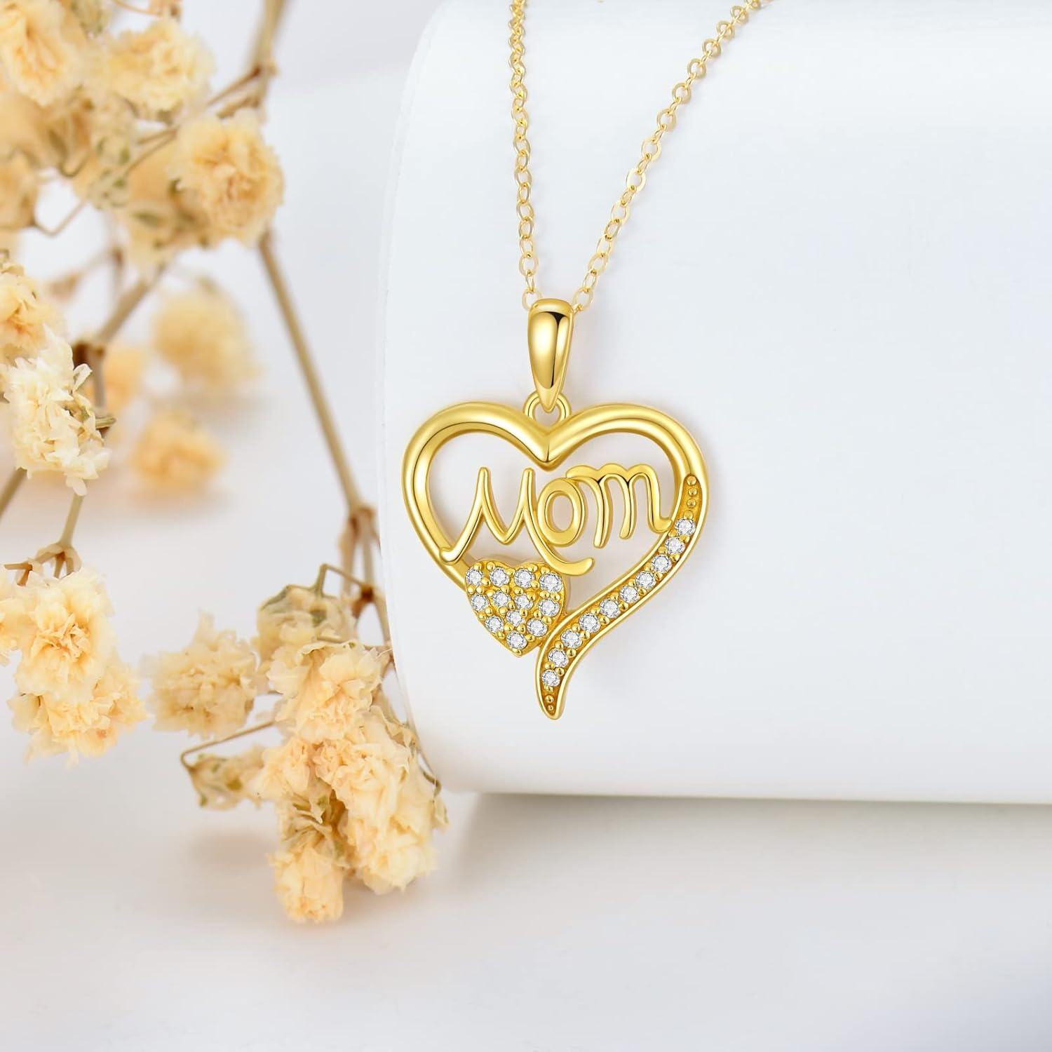 wholesale 14K Gold Mom Heart Pendant Necklace with Cubic Zirconia - Gift for Mother's Day-0-5