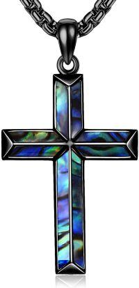 wholesale Sterling Silver Cross Pendant Necklace Religious Gifts for Women Men-Black Cross with Abalone Shell Gravel