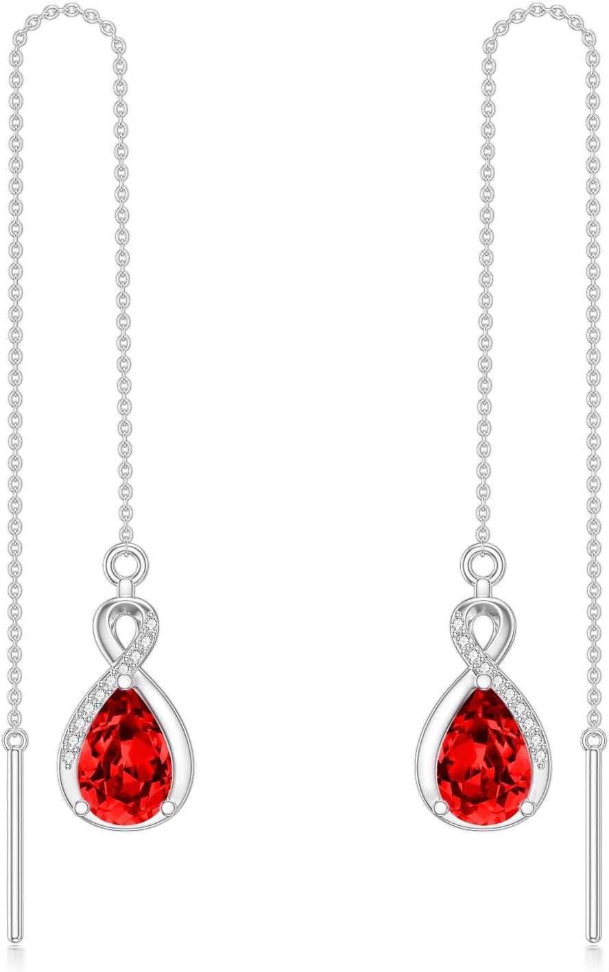 Sterling Silver 12 Birthstone Infinity Threader Drop Earrings for Women-1-Jan-Garnet Red