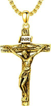 wholesale Gold Plated 925 Sterling Silver Crucifix Pendant Necklace for Men - INRI Design (24+2) Chain-Jesus Cross Necklace-2Gold