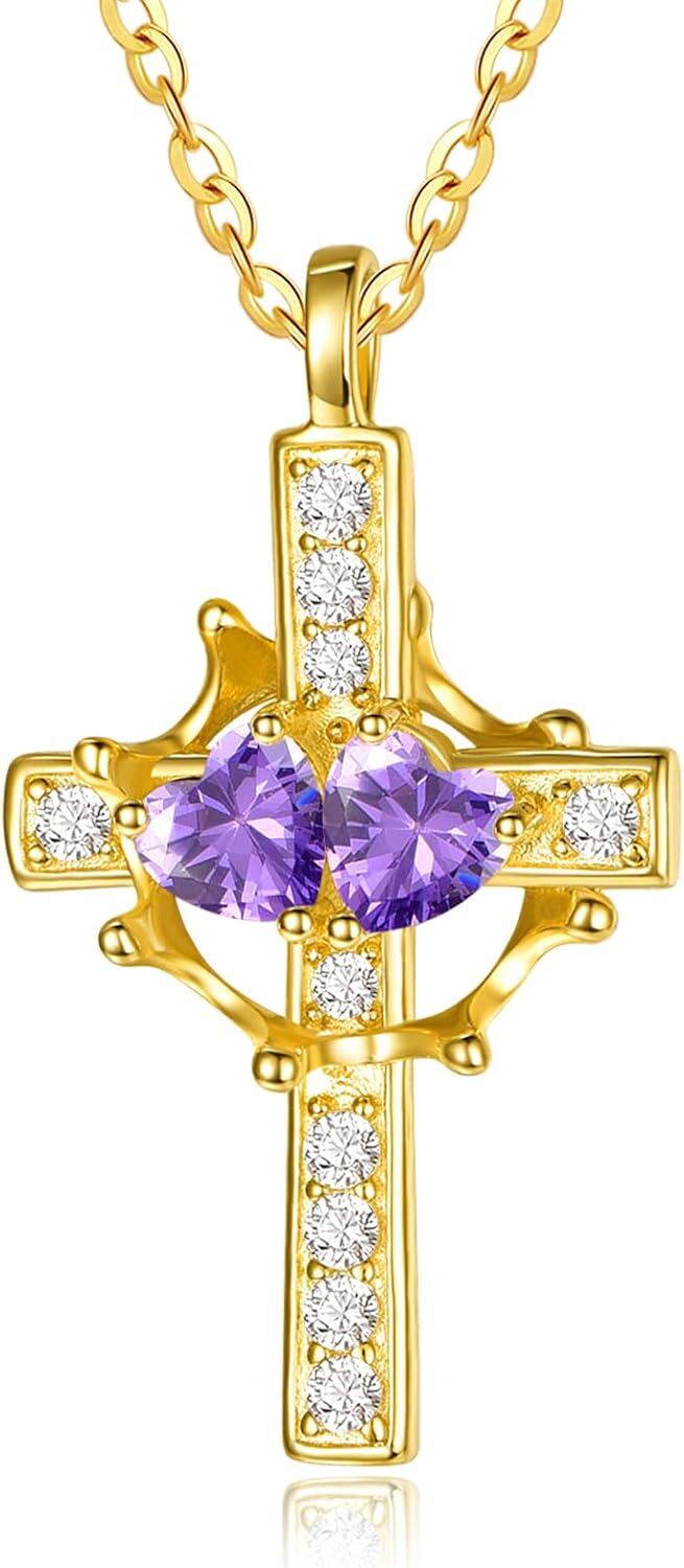 Sterling Silver Birthstones Gold Cross Necklace for Women -02-02-Feb-Feb-02-02-Feb-Feb