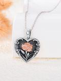 wholesale 925 Sterling Silver Heart Locket Pendant with Rose Gold Flower and Black Enamel - Mommy & Me s for Women-0-2