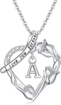 wholesale Sterling Silver Rose Heart Initial Necklace for Women Mom Wife Mothers Day Christmas Birthday Gifts-27-Alphabet A