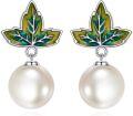 wholesale 925 Sterling Silver Green Enamel Maple Leaf Drop Pearl Stud Earrings Gift for Her-0-0