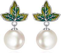wholesale 925 Sterling Silver Green Enamel Maple Leaf Drop Pearl Stud Earrings Gift for Her-Leaf
