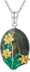 wholesale 925 Sterling Silver Green Moss Agate Daffodil Floral Pendant Necklaces for Women-0-0