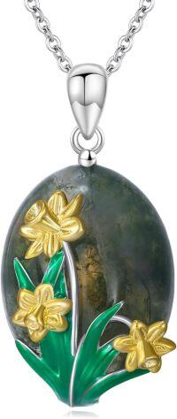 wholesale 925 Sterling Silver Green Moss Agate Daffodil Floral Pendant Necklaces for Women-Daffodil Flower