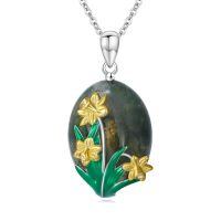 wholesale 925 Sterling Silver Green Moss Agate Daffodil Floral Pendant Necklaces for Women-Daffodil Flower