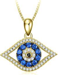wholesale Gold 925 Sterling Silver Evil Eye Pendant Necklace with Blue and White Stones - Greek Protection Jewelry for Women-B-Golden