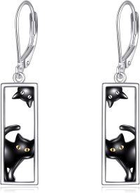 wholesale 925 Sterling Silver Black Cat Drop Earrings with Leverback Closure - Cute Animal Jewelry for Women and Girls-Rectangle
