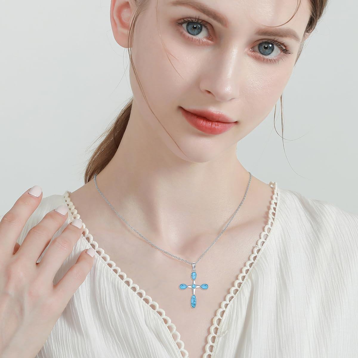 Sterling Silver Turquoise Pendant Cross Necklace Vintage Boho Victorian Jewelry Gift-0-3
