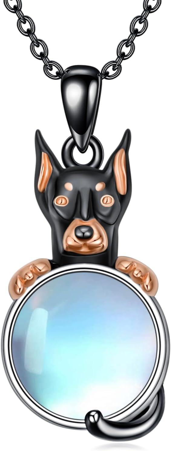 Sterling Silver Moonstone Dog Necklace for Women Memorial Jewelry Gift-Doberman Pinscher