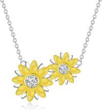 wholesale Gold Plated 925 Sterling Silver Yellow Flower Cubic Zirconia Pendant Necklace 24 Chain-Silver-Two Sunflower