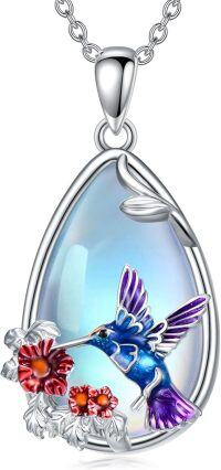 wholesale 925 Sterling Silver Hummingbird & Flower Design Blue Moonstone Pendant Necklace for Women-Moonstone Hummingbird