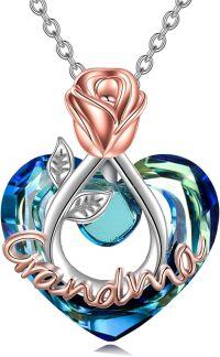 wholesale 925 Sterling Silver Crystal Rose Flower Heart Necklace Gifts for Grandma Birthday Jewelry-Grandma Necklace with Heart Crystal-Rose flower