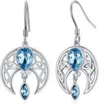 wholesale Sterling Silver Crystal Celtic Moon Dangle Earrings Birthstone Gift-Simulated Aquamarine