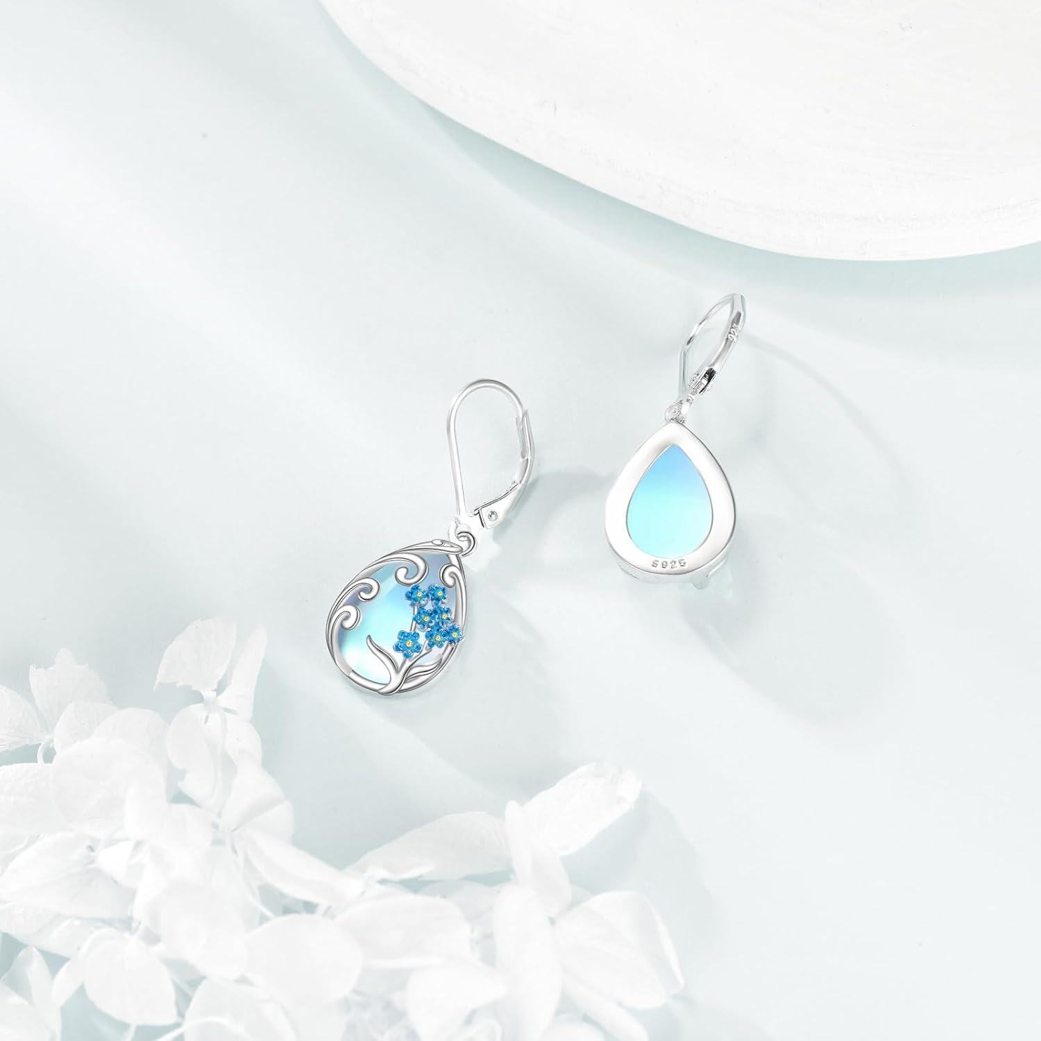 wholesale 925 Sterling Silver Teardrop Moonstone Earring with Blue Flower and Tree Design-0-2