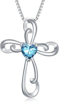 wholesale Sterling Silver Zirconia Women s Cross Necklace 18 20 -3-March-Aquamarine