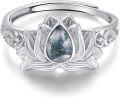 wholesale S925 Sterling Silver Lotus Moss Agate Ring Dainty Adjustable Natural Stone Jewelry-0-0