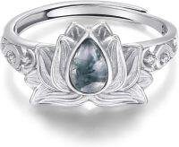 wholesale S925 Sterling Silver Lotus Moss Agate Ring Dainty Adjustable Natural Stone Jewelry-B-Lotus Rings